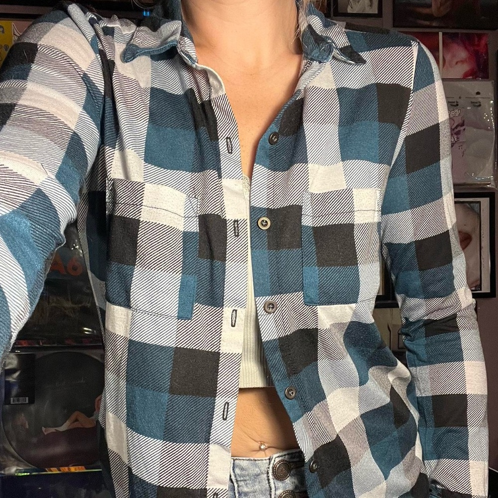 Polly & Esther Teal and Black Plaid Shirt
